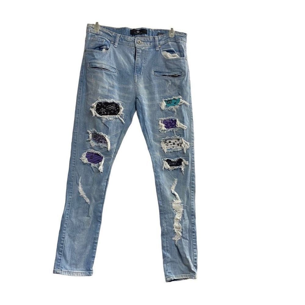 FOCUS Men’s Distressed Patch Jeans Size 34/30 Blue With Multicolored Patchwork‎